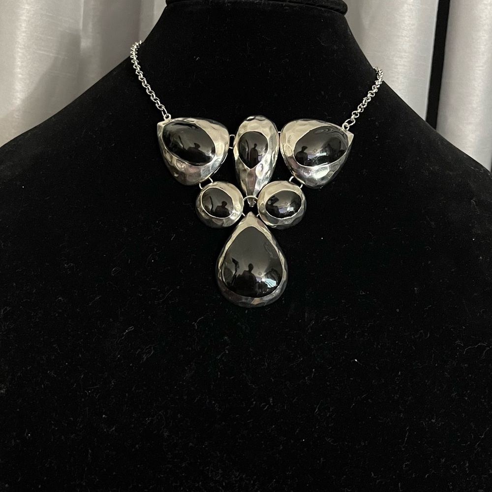 Black and Hammered Silvertone Metal Necklace